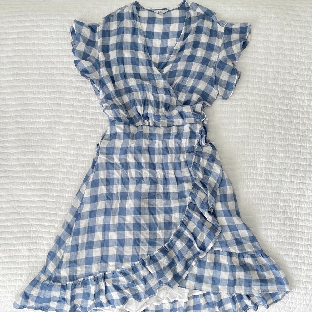 New Rails "Brigitte" A-Line Ruffled Wrap Dress in Periwinkle Blue Check Size S